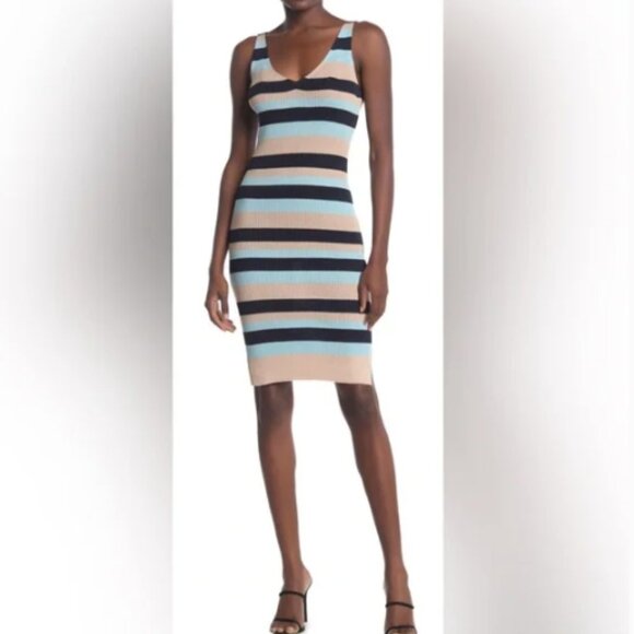 BCBG MaxAzria Rib Knit Tank Dress Bodycon Blue Tan Striped V-neck Stretch Small - Picture 1 of 11